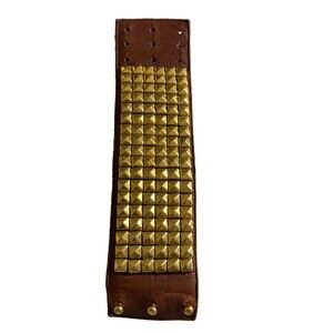 Wide Brown Leather Gold Pyramid Stud Cuff Bracelet Punk Rock Biker Statement